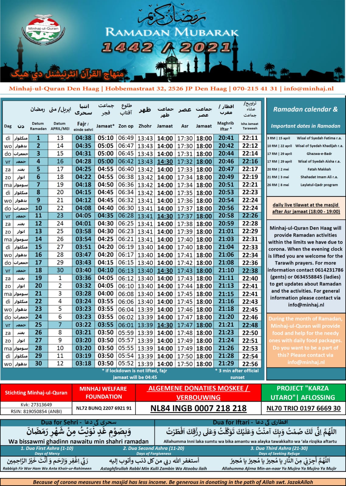 Ramadan gebedstijden 2021 MinhajulQuran Nederland